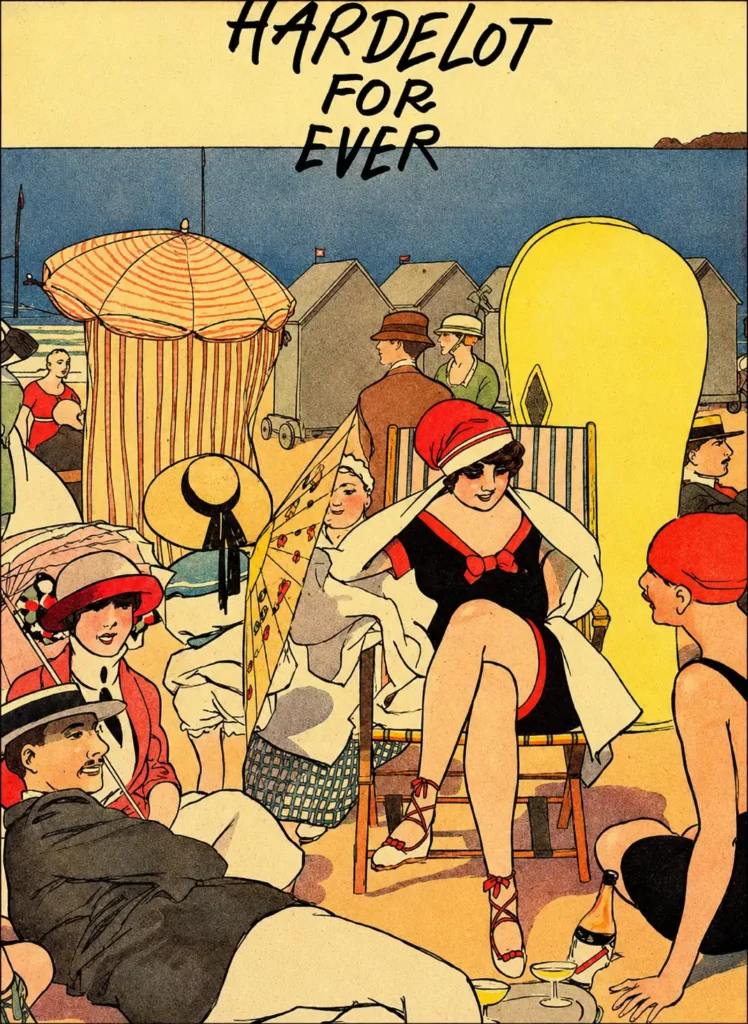 Affiche d'époque illustrée représentant des vacanciers élégants en tenues de bain sur la plage d'Hardelot dans les années 1920, avec cabines de bain et parasols rayés