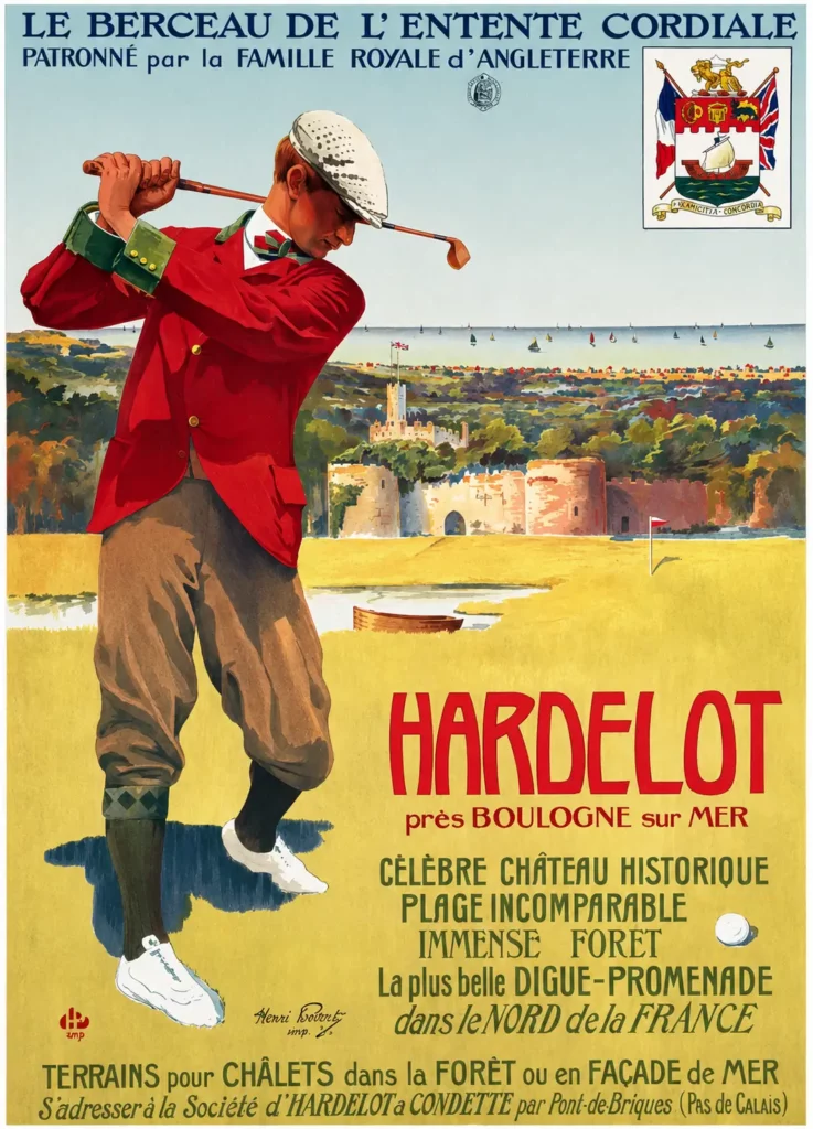 Affiche vintage publicitaire d'Hardelot, golfeur en tenue d'époque devant le château et la plage, Berceau de l'Entente Cordiale