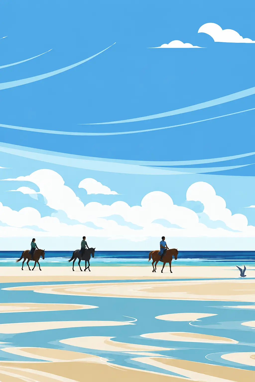 Illustration de cavaliers à cheval sur la plage d'Hardelot, bord de mer et bancs de sable à marée basse