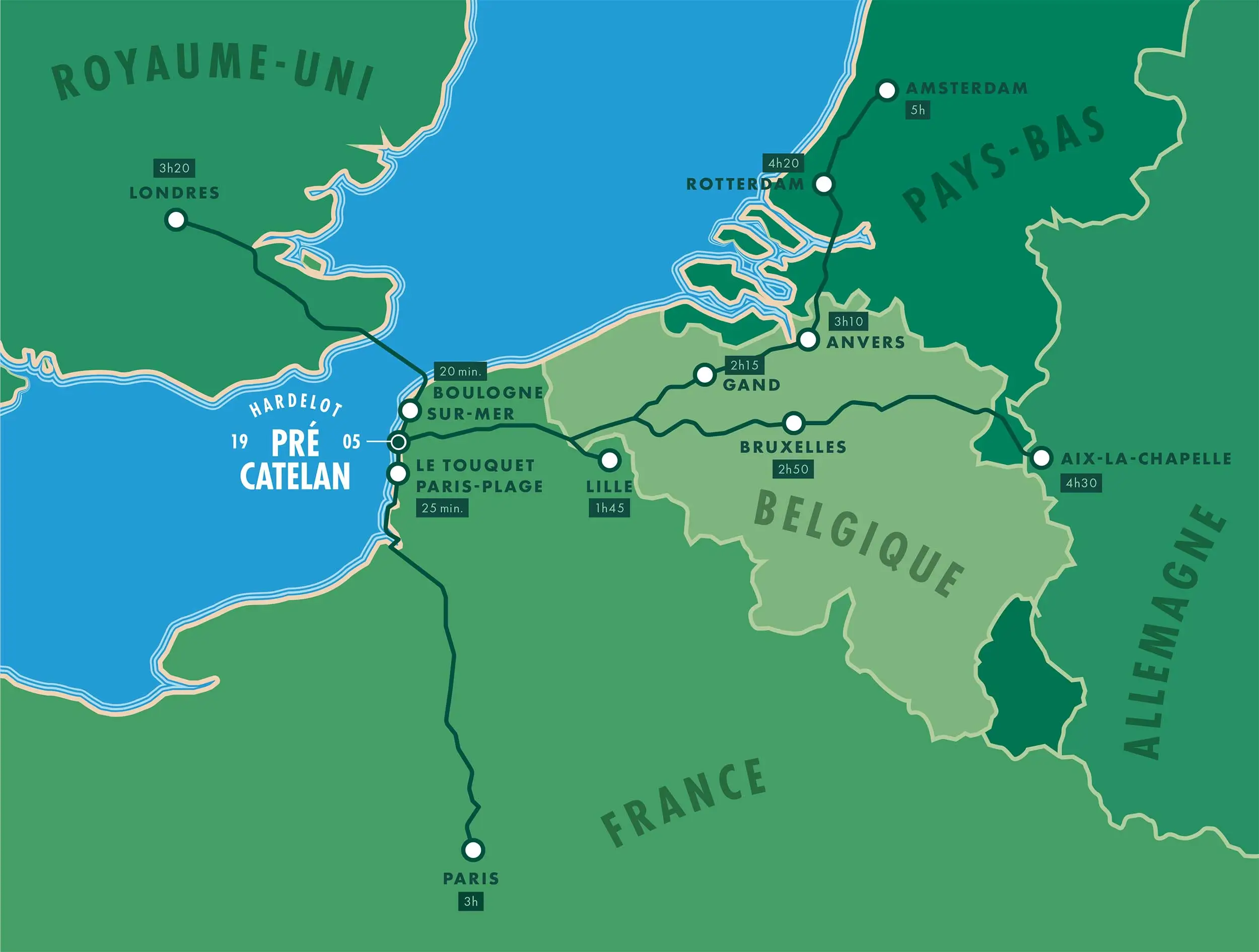 Illustration de la carte des distances en train depuis Hardelot Pré Catelan vers Londres, Paris, Bruxelles, Amsterdam et autres grandes villes européennes