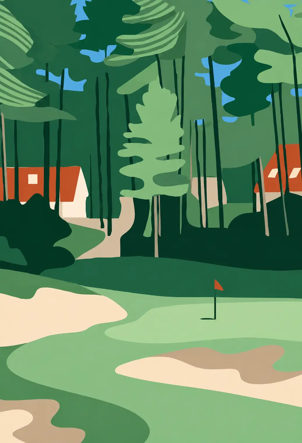 Illustration d'un parcours de golf à Hardelot entre pins et villas, fairway et green avec drapeau rouge