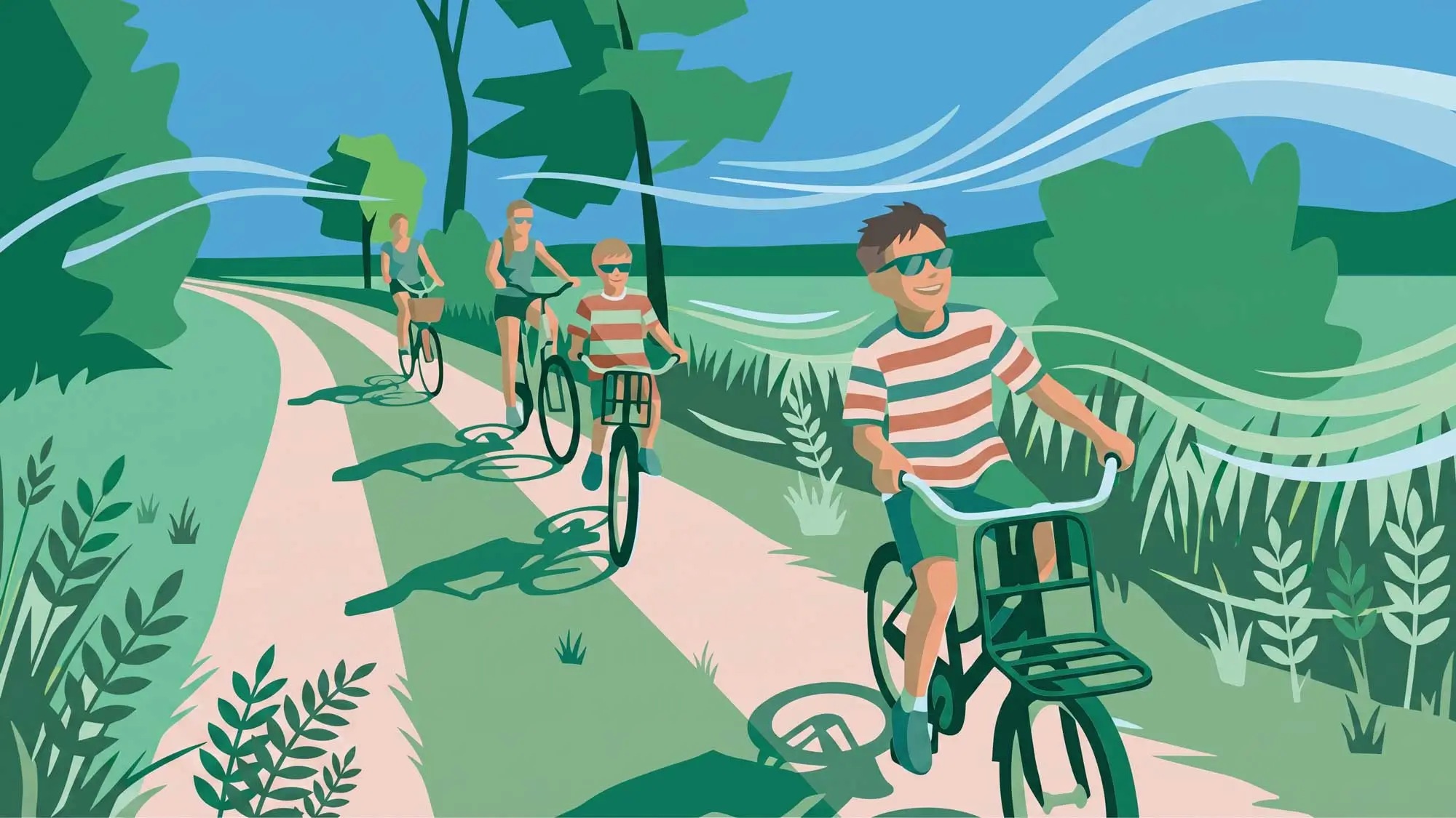 Illustration d'une famille de quatre personnes faisant du vélo sur un chemin forestier verdoyant sous un ciel bleu d'été