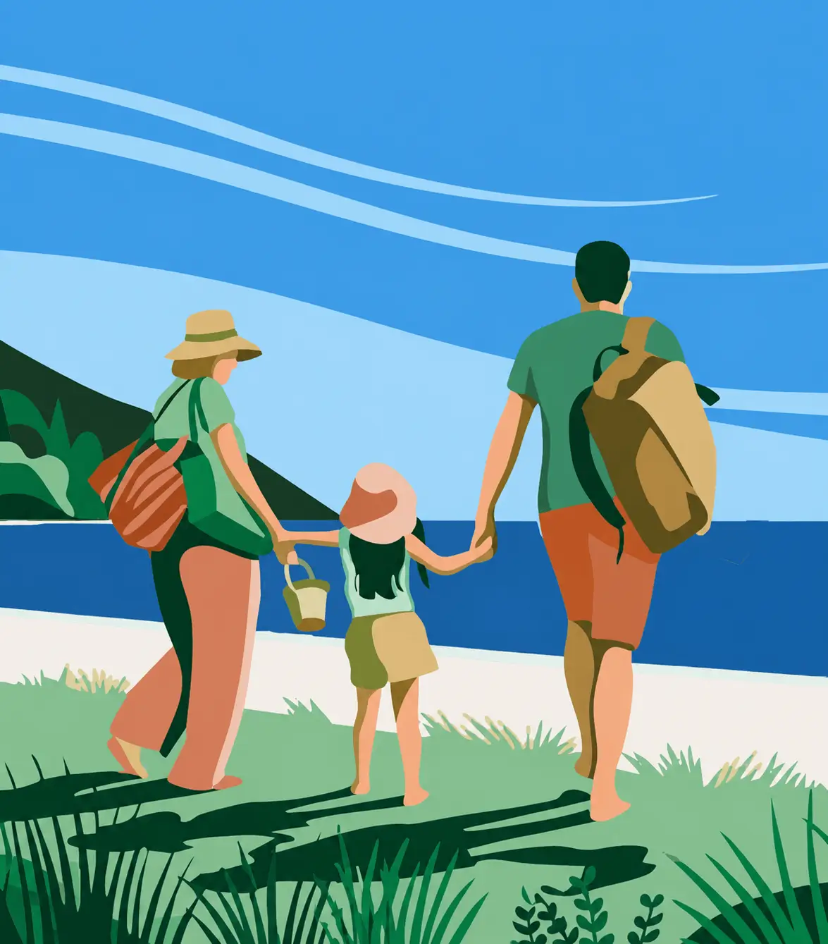 Illustration d'une famille en randonnée avec sacs à dos près de la plage, section Randonnées du Pré Catelan à Hardelot