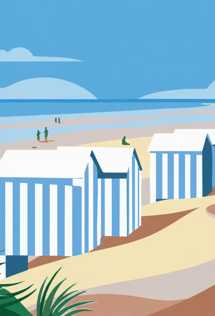 Illustration de la plage d'Hardelot avec cabines de plage rayées bleues et blanches, dunes et promeneurs.
