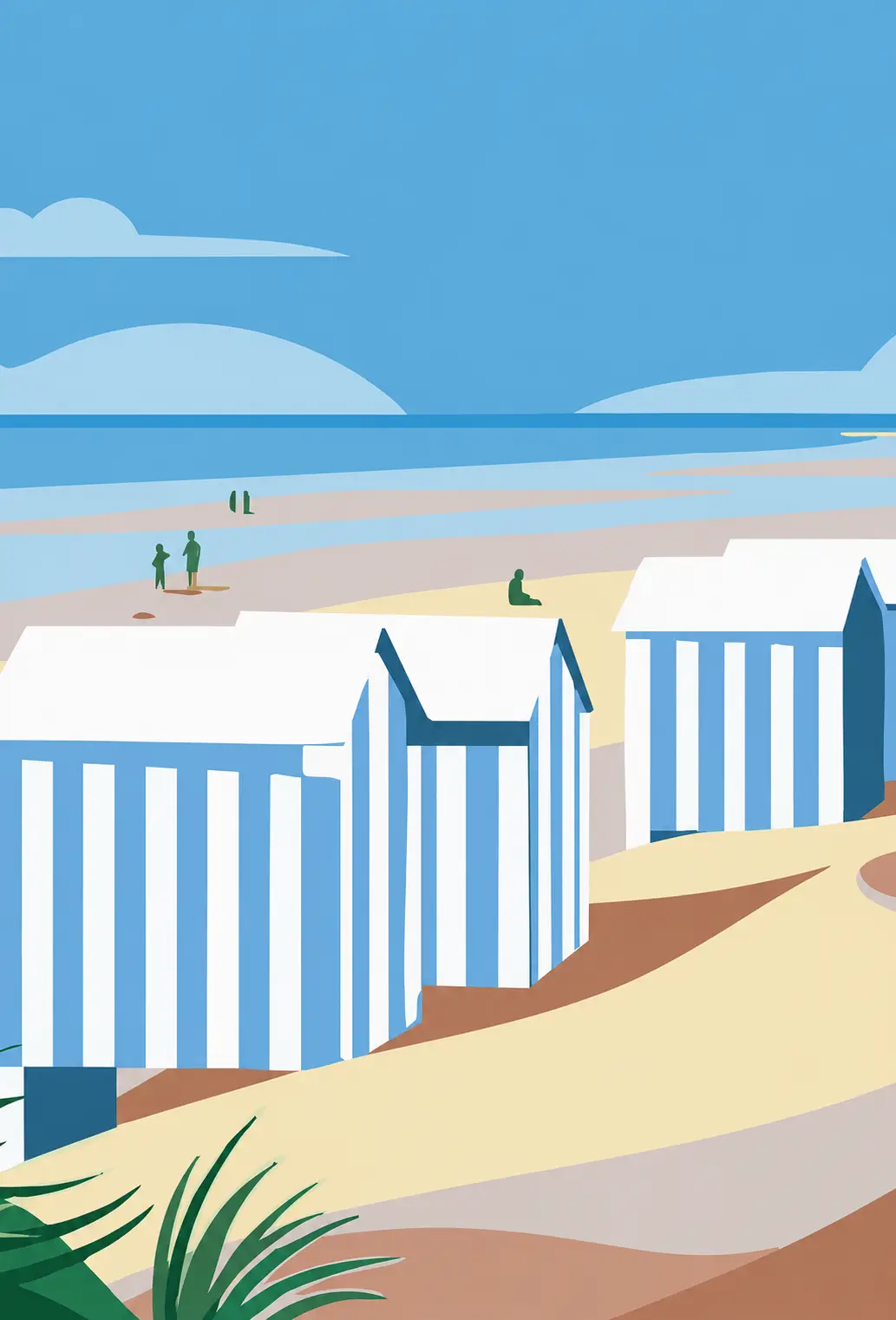 Illustration de la plage d'Hardelot avec cabines de plage rayées bleues et blanches, dunes et promeneurs.